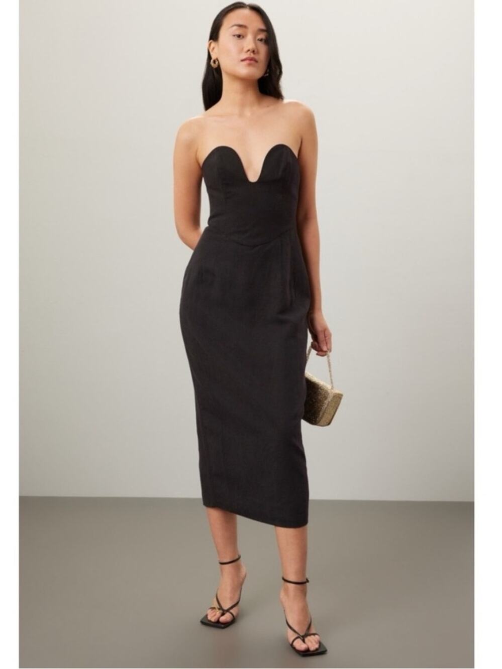 New Mara Hoffman Isla Sweetheart Neckline Linen Blend Black Midi Dress Size 8